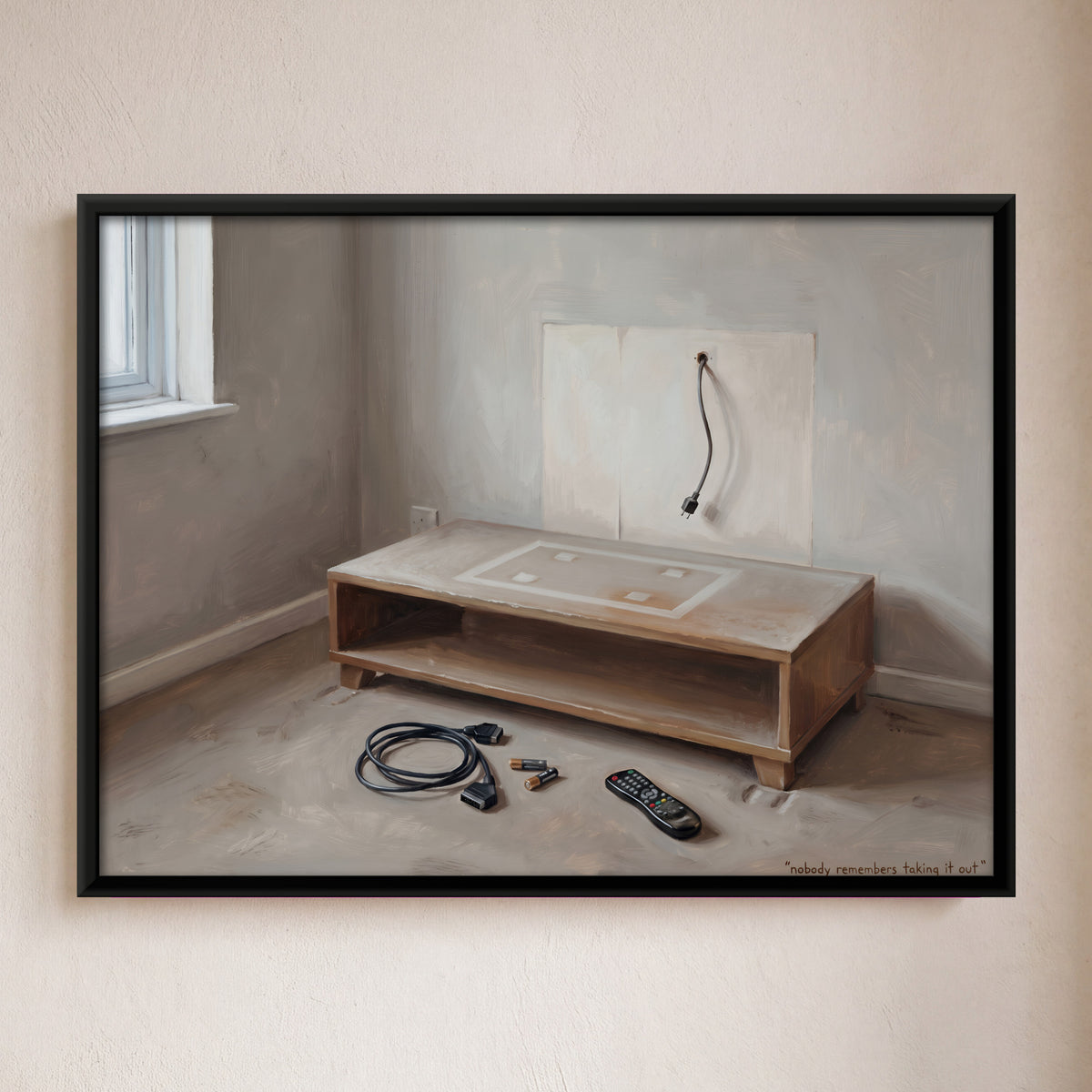 Empty TV Stand and Trailing Cable - framed canvas art hung on a wall
