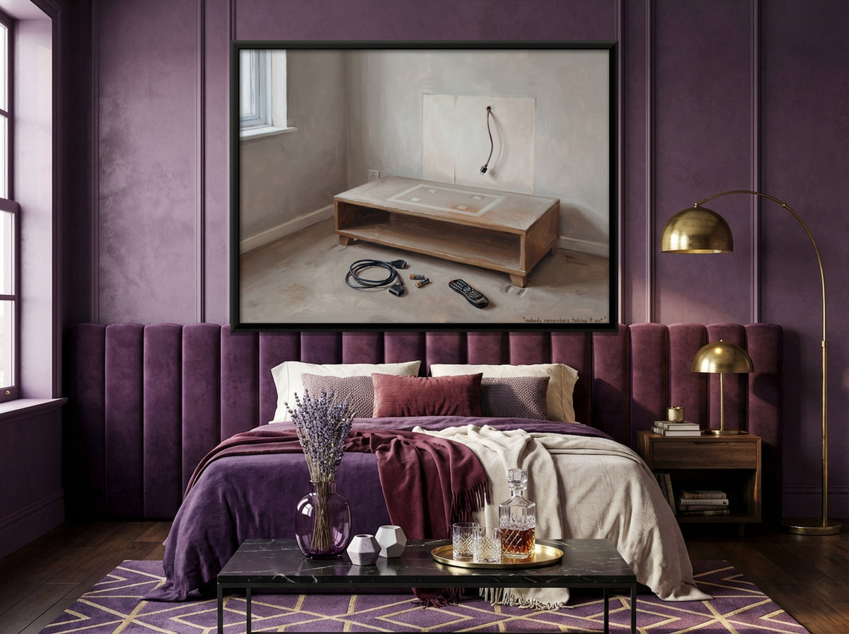 Empty TV Stand and Trailing Cable - canvas art shown in a styled room
