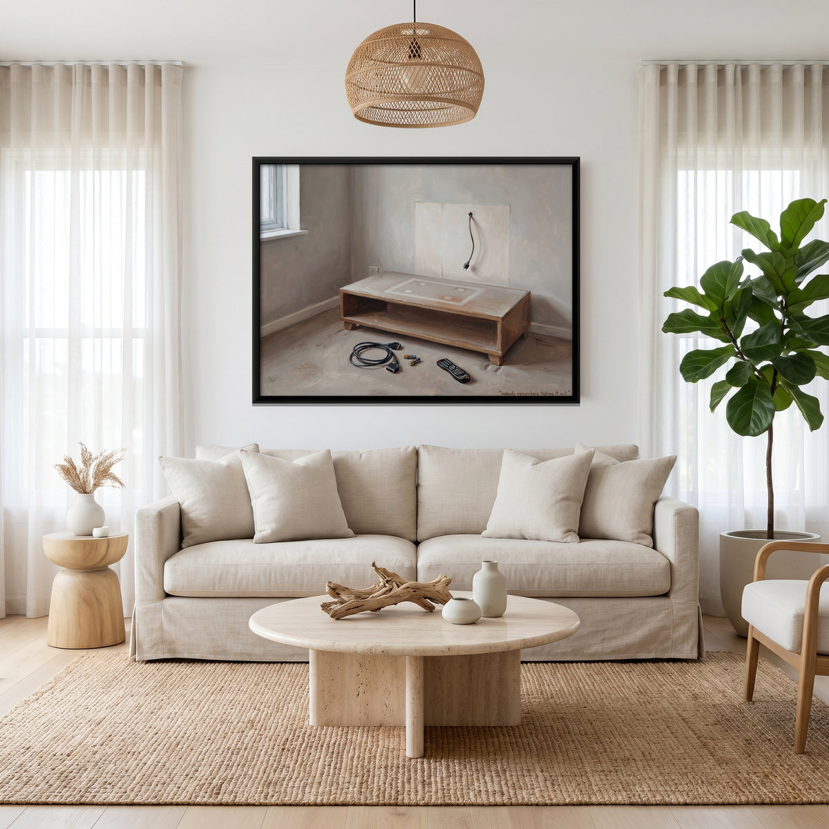 Empty TV Stand and Trailing Cable - canvas art shown in a second room setting