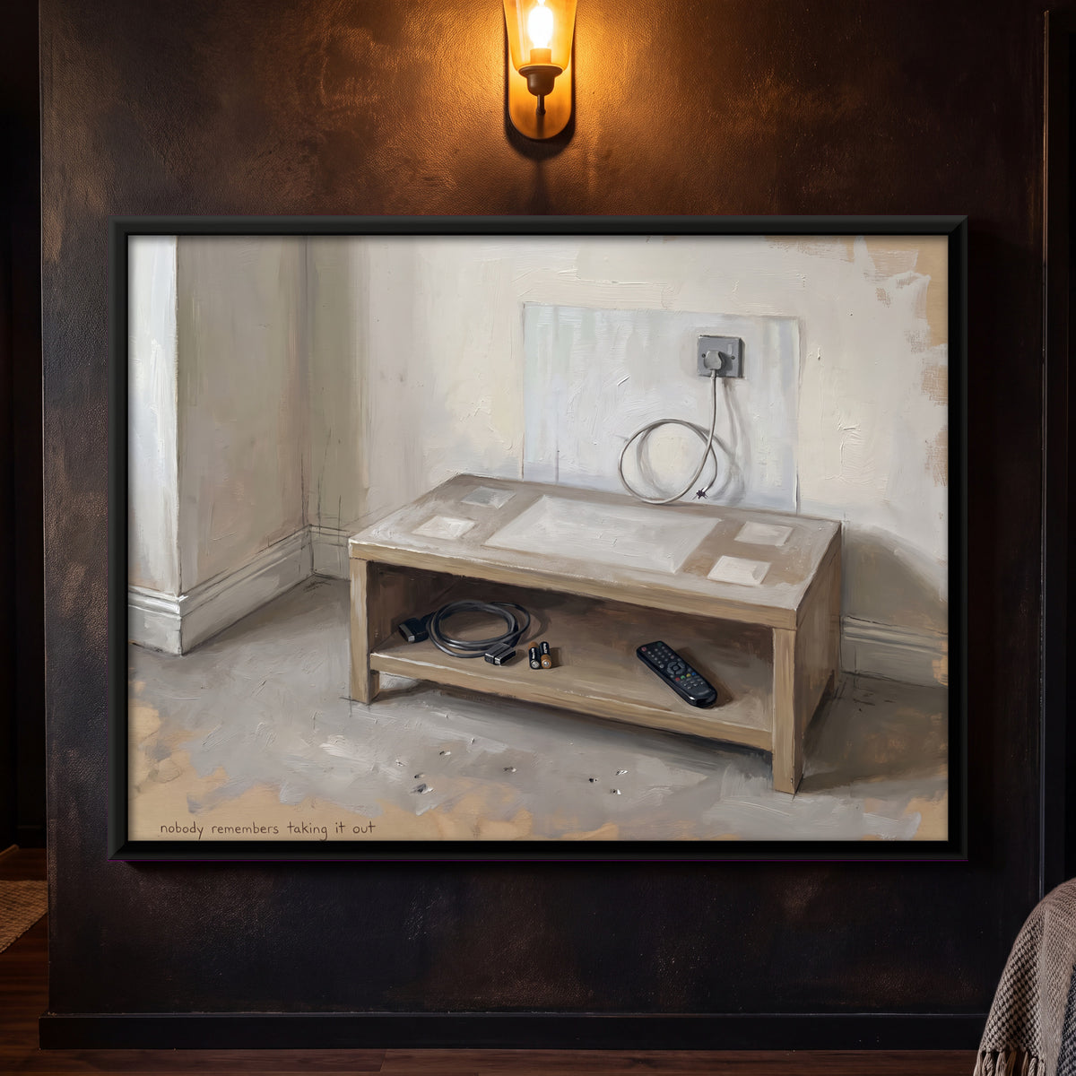 Empty TV Stand and Trailing Cable - framed canvas art hung on a wall