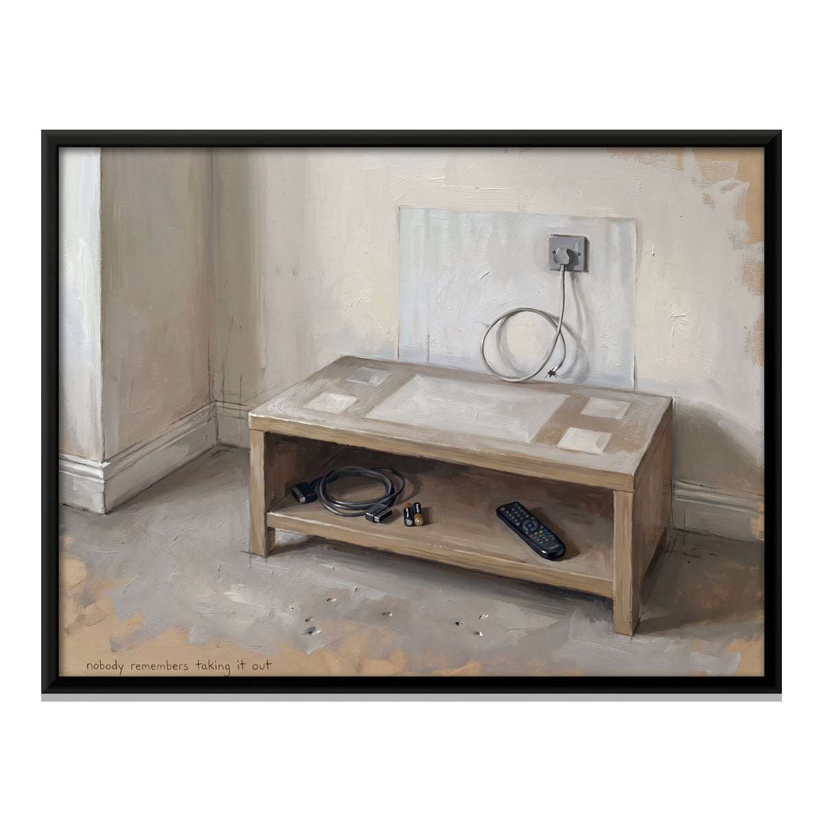 Empty TV Stand and Trailing Cable - framed canvas print, front view