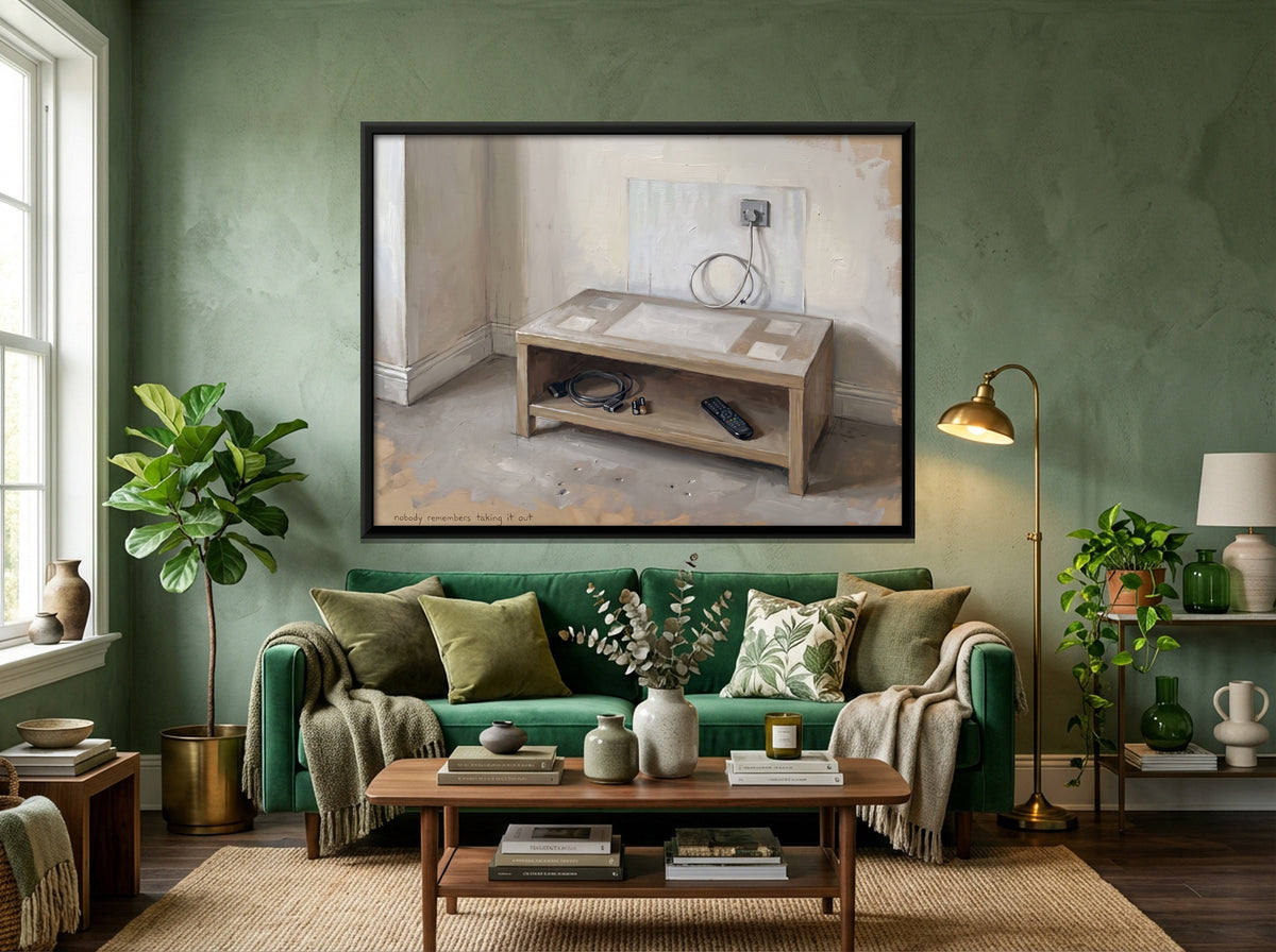 Empty TV Stand and Trailing Cable - canvas art shown in a second room setting