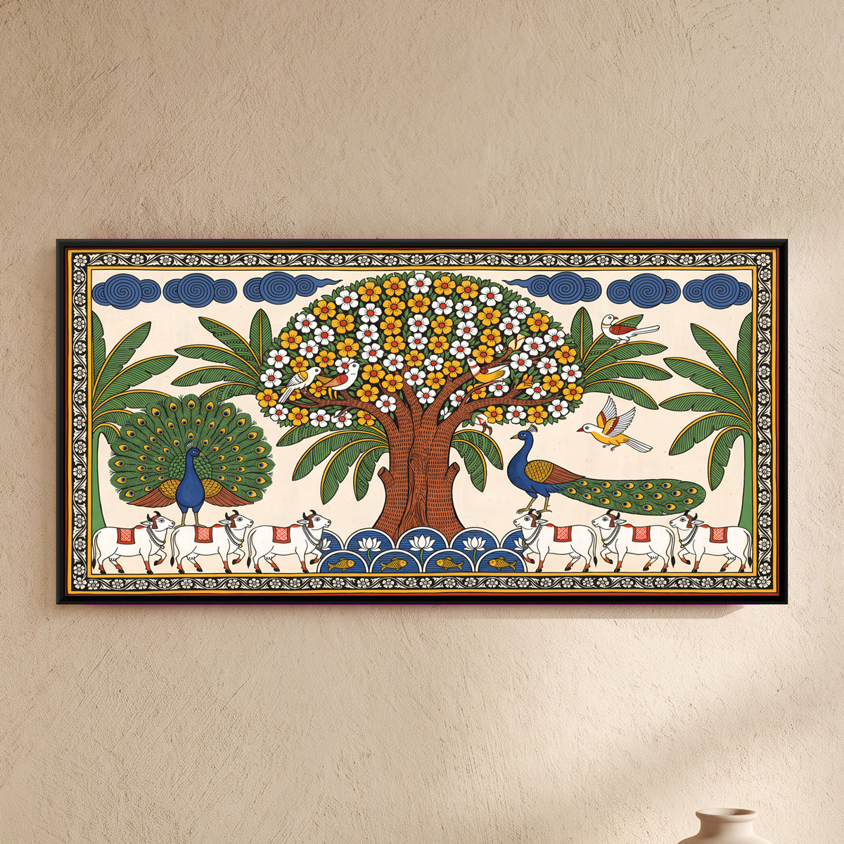 Tree of Life with Cows - framed canvas art hung on a wall