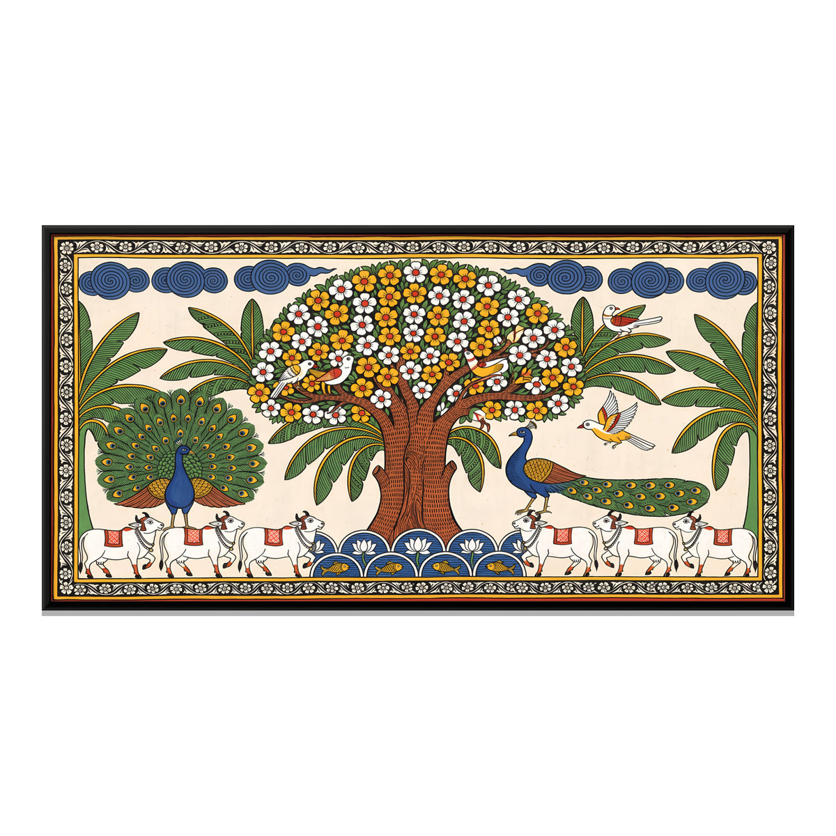 Tree of Life with Cows - framed canvas print, front view