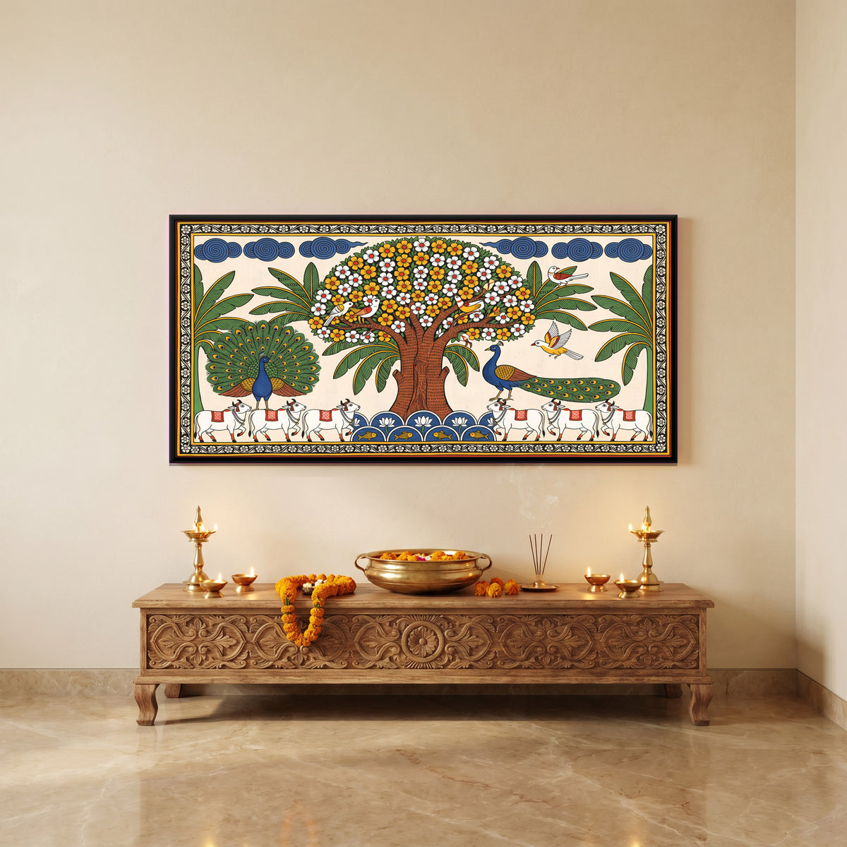Tree of Life with Cows - canvas art shown in a styled room