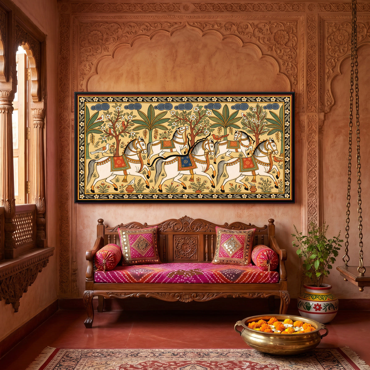 Row of White Horses - canvas art shown in a styled room