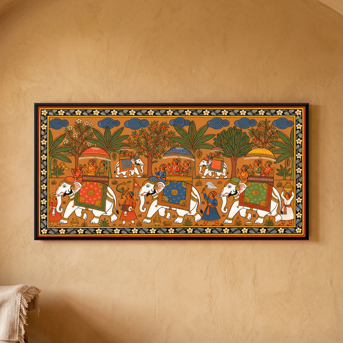 Royal Elephant Procession - framed canvas art hung on a wall
