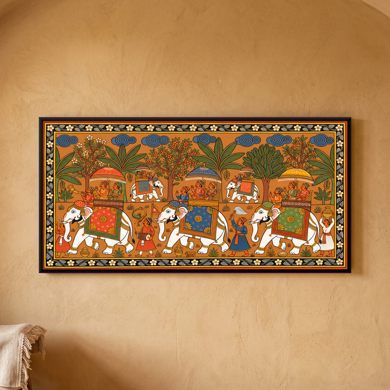Royal Elephant Procession - framed canvas art hung on a wall