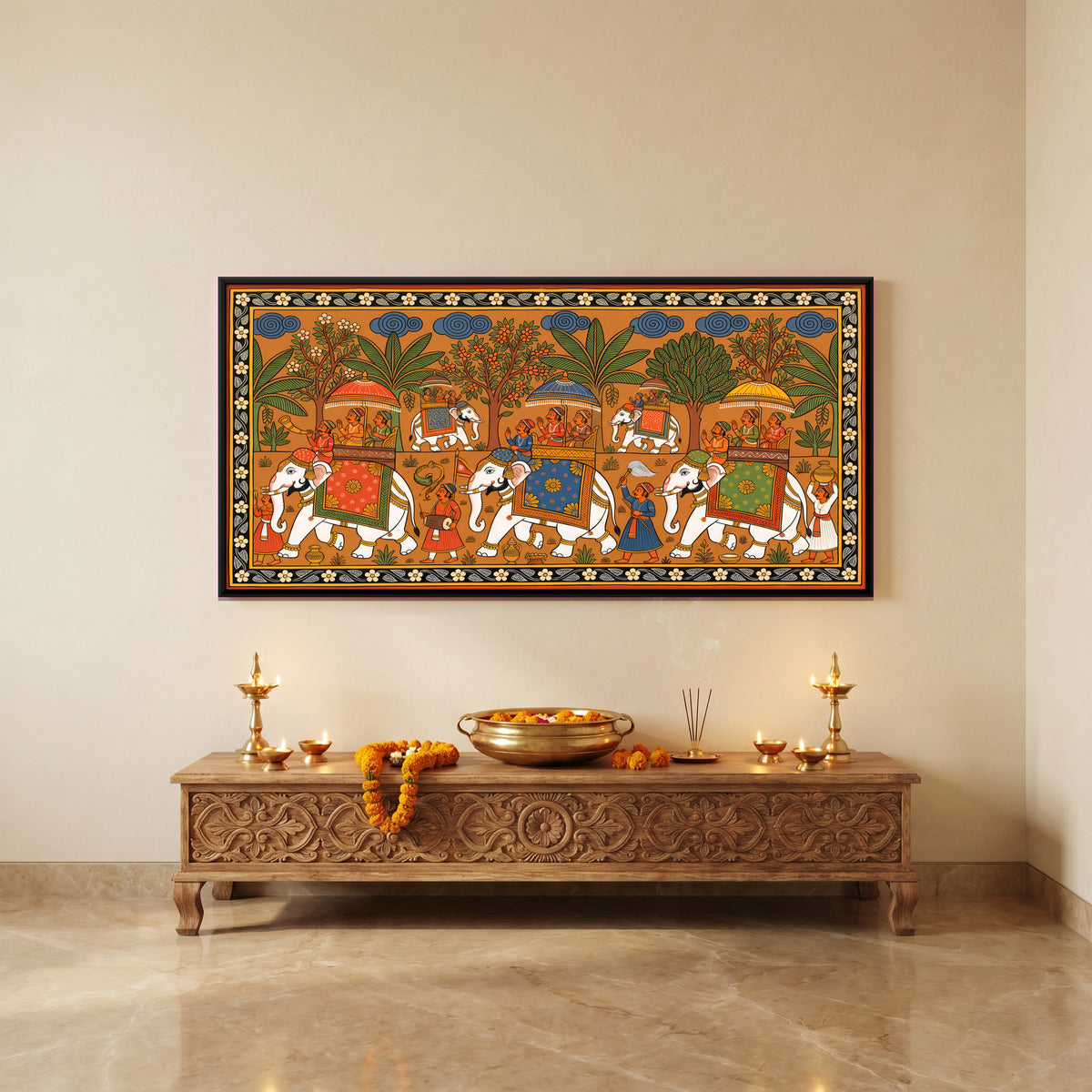 Royal Elephant Procession - canvas art shown in a second room setting