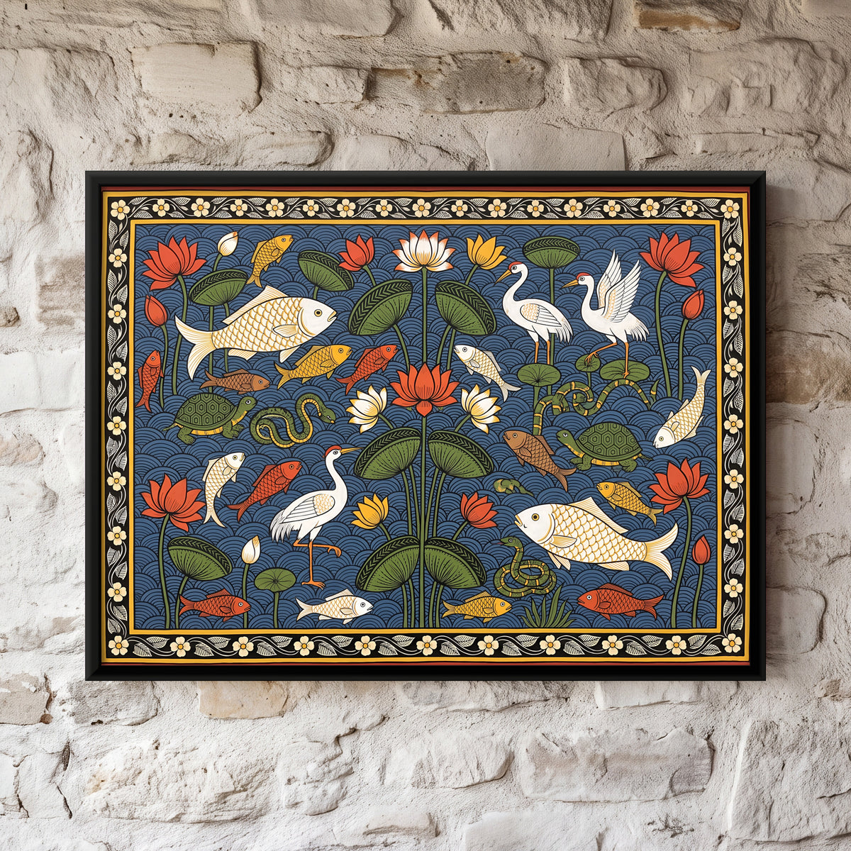 Lotus Pond with Fish and Cranes - framed canvas art hung on a wall