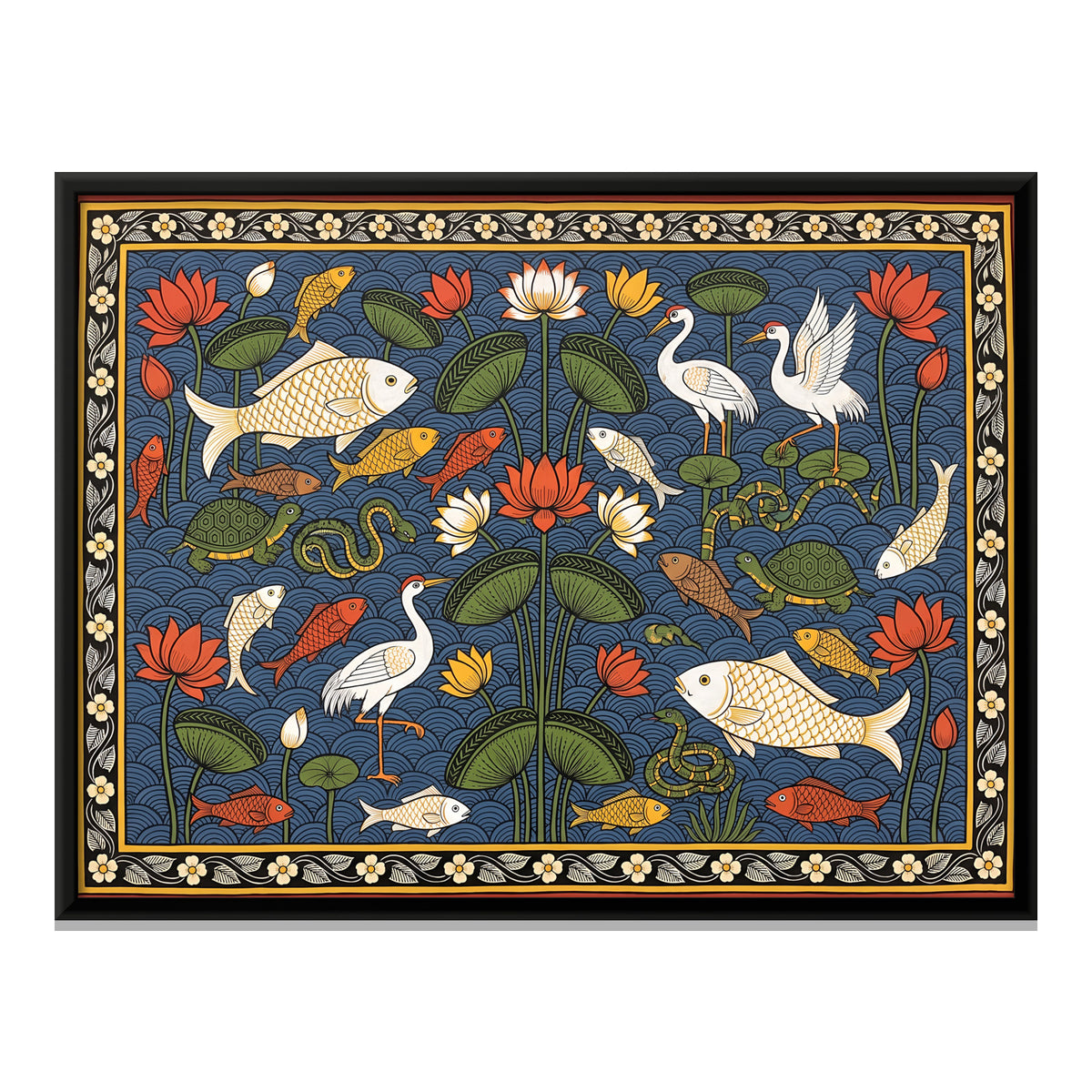 Lotus Pond with Fish and Cranes - framed canvas print, front view