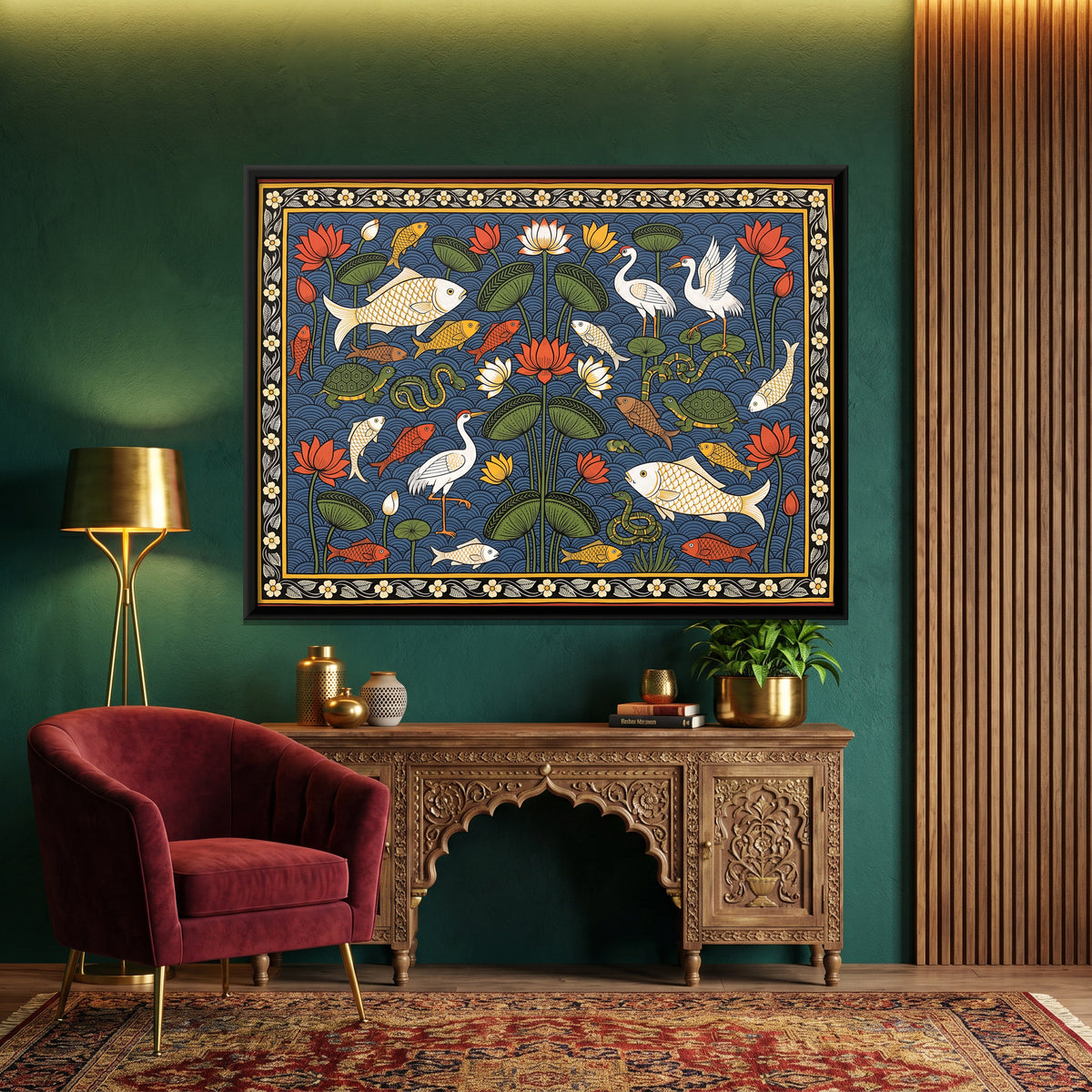 Lotus Pond with Fish and Cranes - canvas art shown in a styled room
