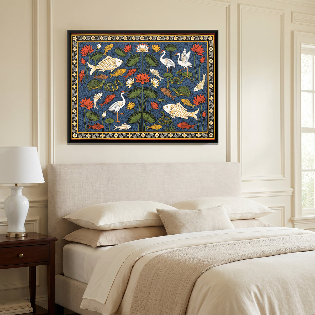 Lotus Pond with Fish and Cranes - canvas art shown in a second room setting