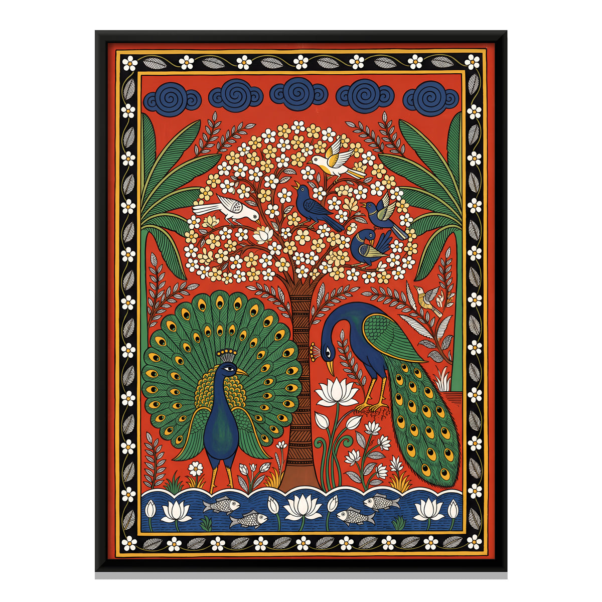 Peacocks Beneath a Flowering Tree - framed canvas print, front view