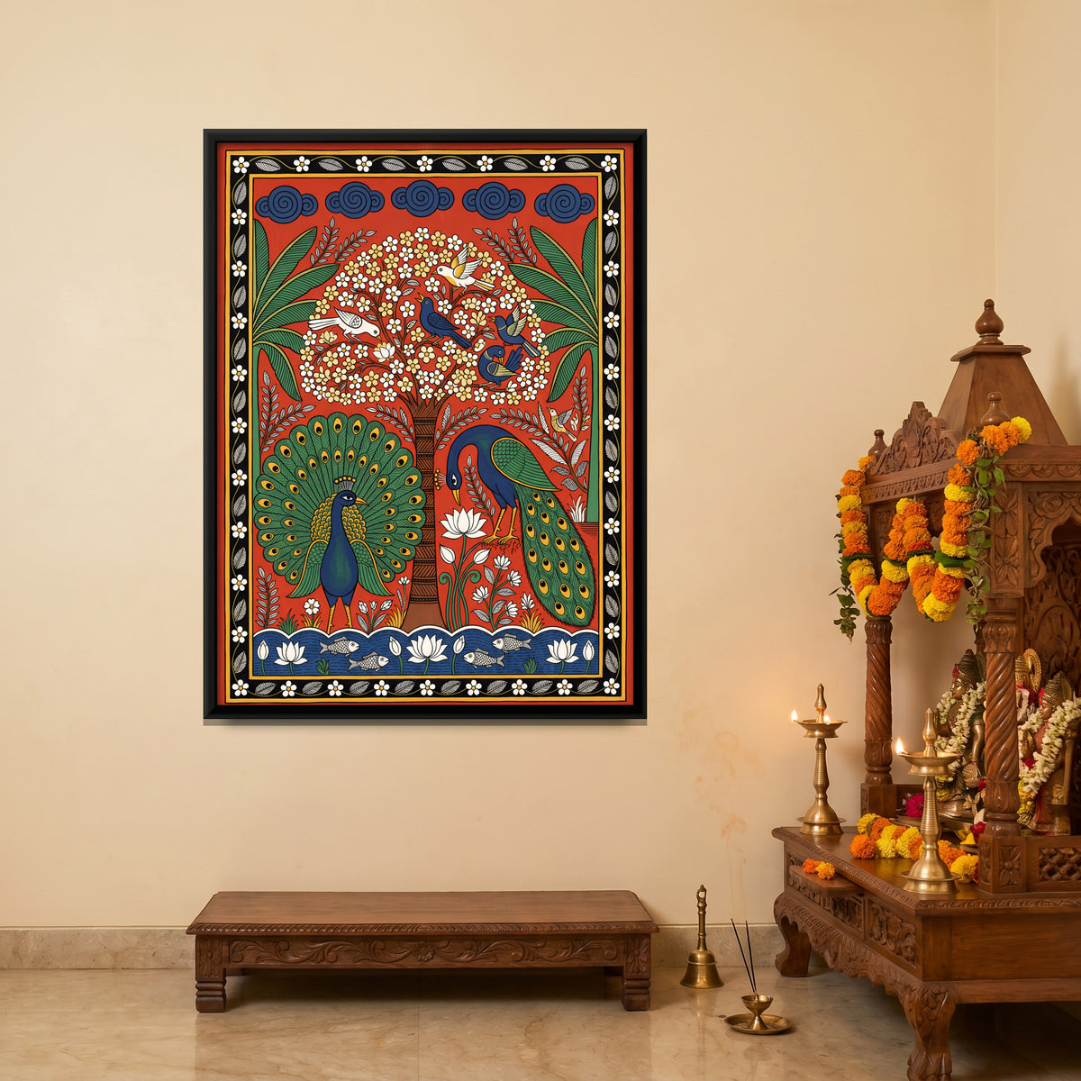Peacocks Beneath a Flowering Tree - canvas art shown in a styled room