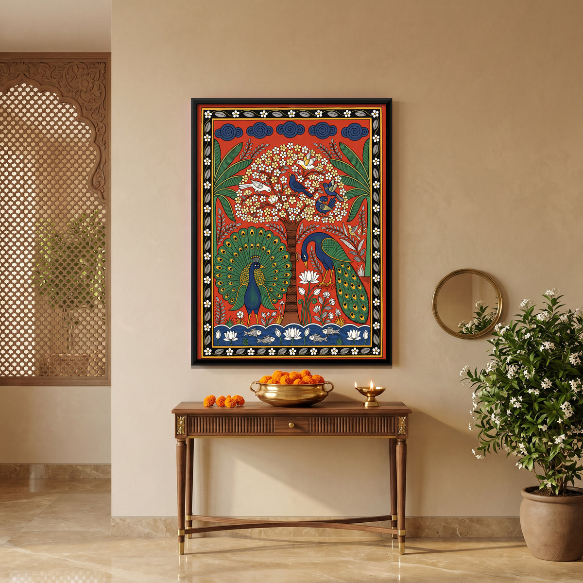 Peacocks Beneath a Flowering Tree - canvas art shown in a second room setting