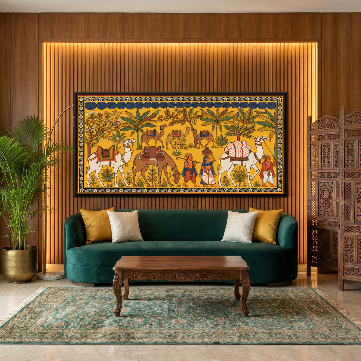 Camel Caravan - canvas art shown in a second room setting