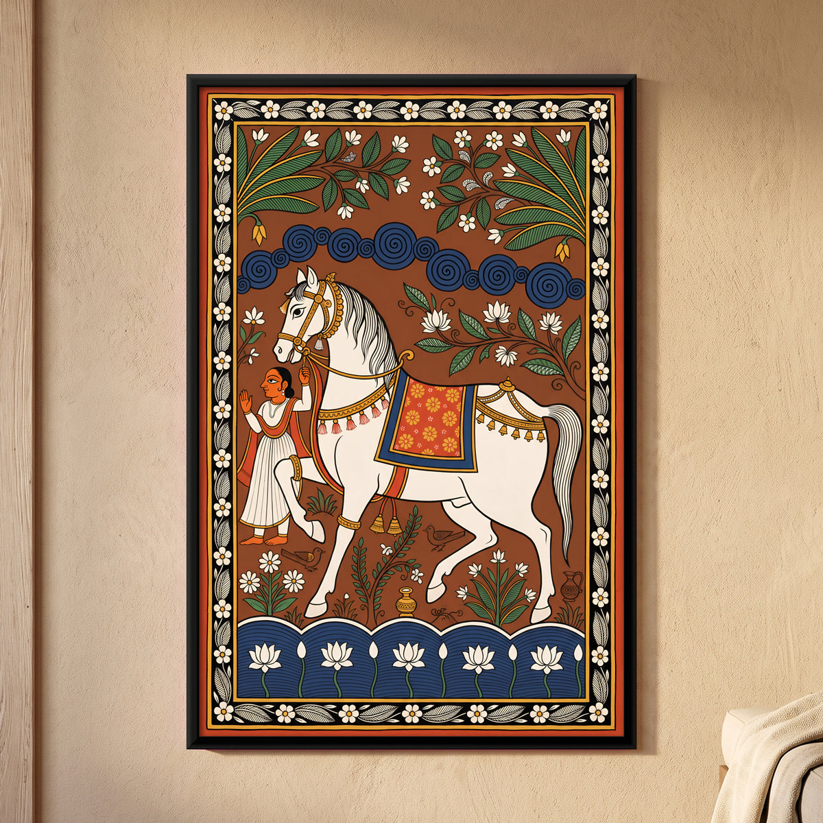 White Horse with Attendant - framed canvas art hung on a wall