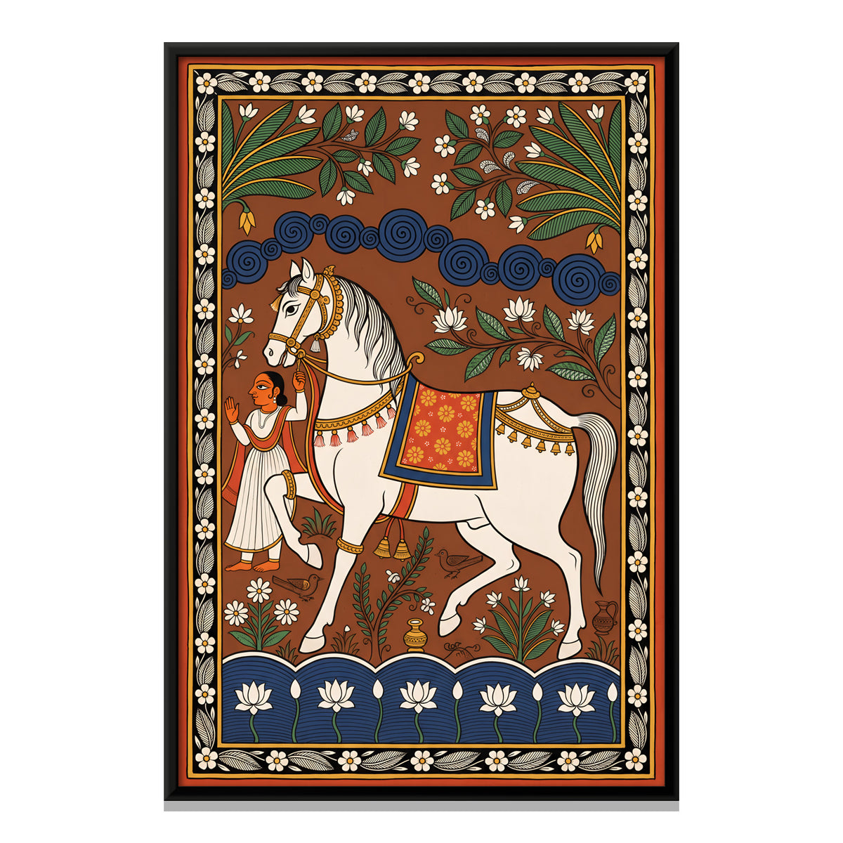 White Horse with Attendant - framed canvas print, front view