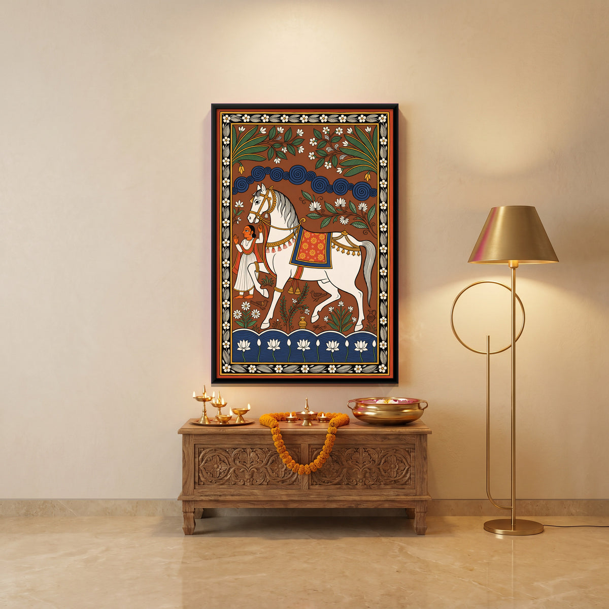 White Horse with Attendant - canvas art shown in a styled room
