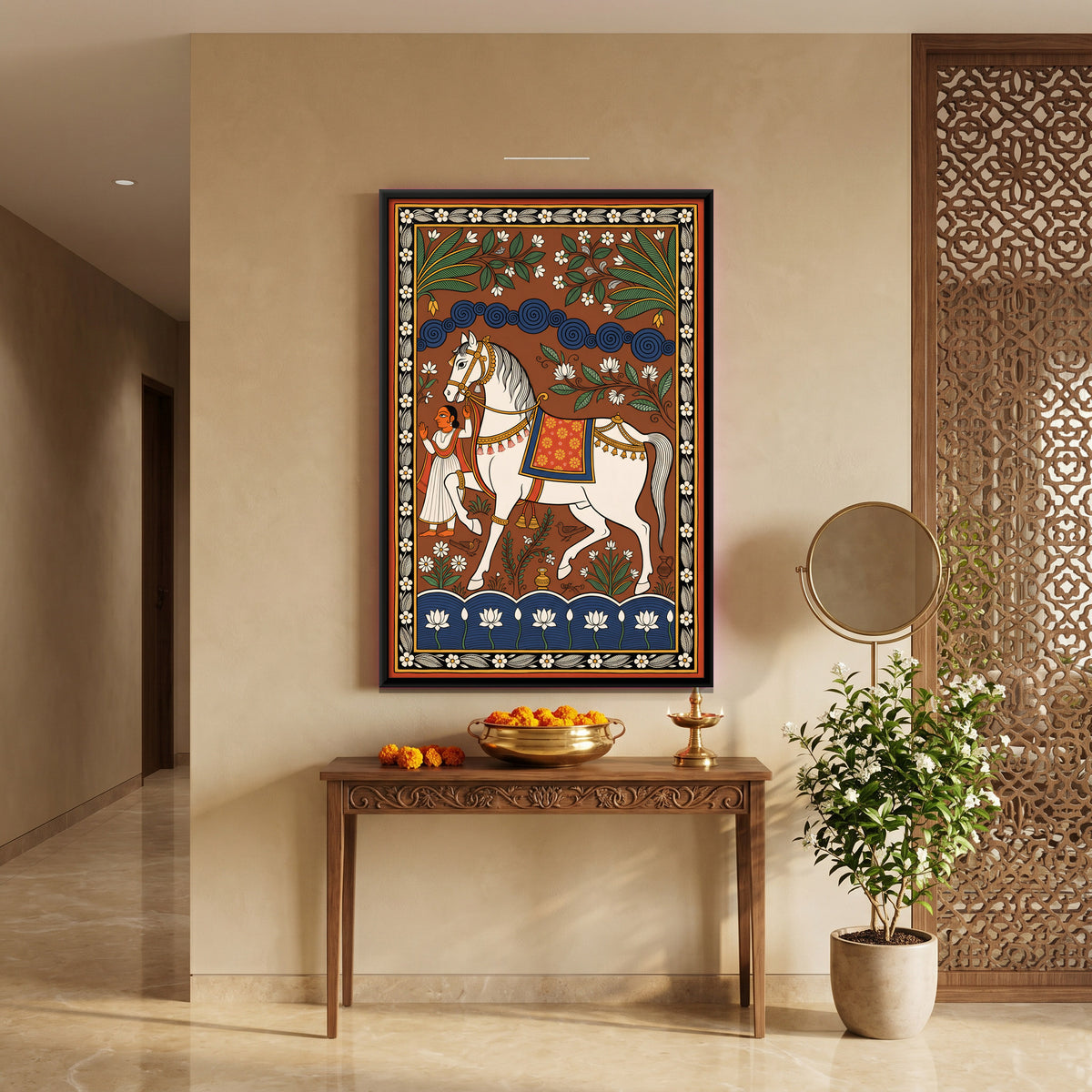 White Horse with Attendant - canvas art shown in a second room setting