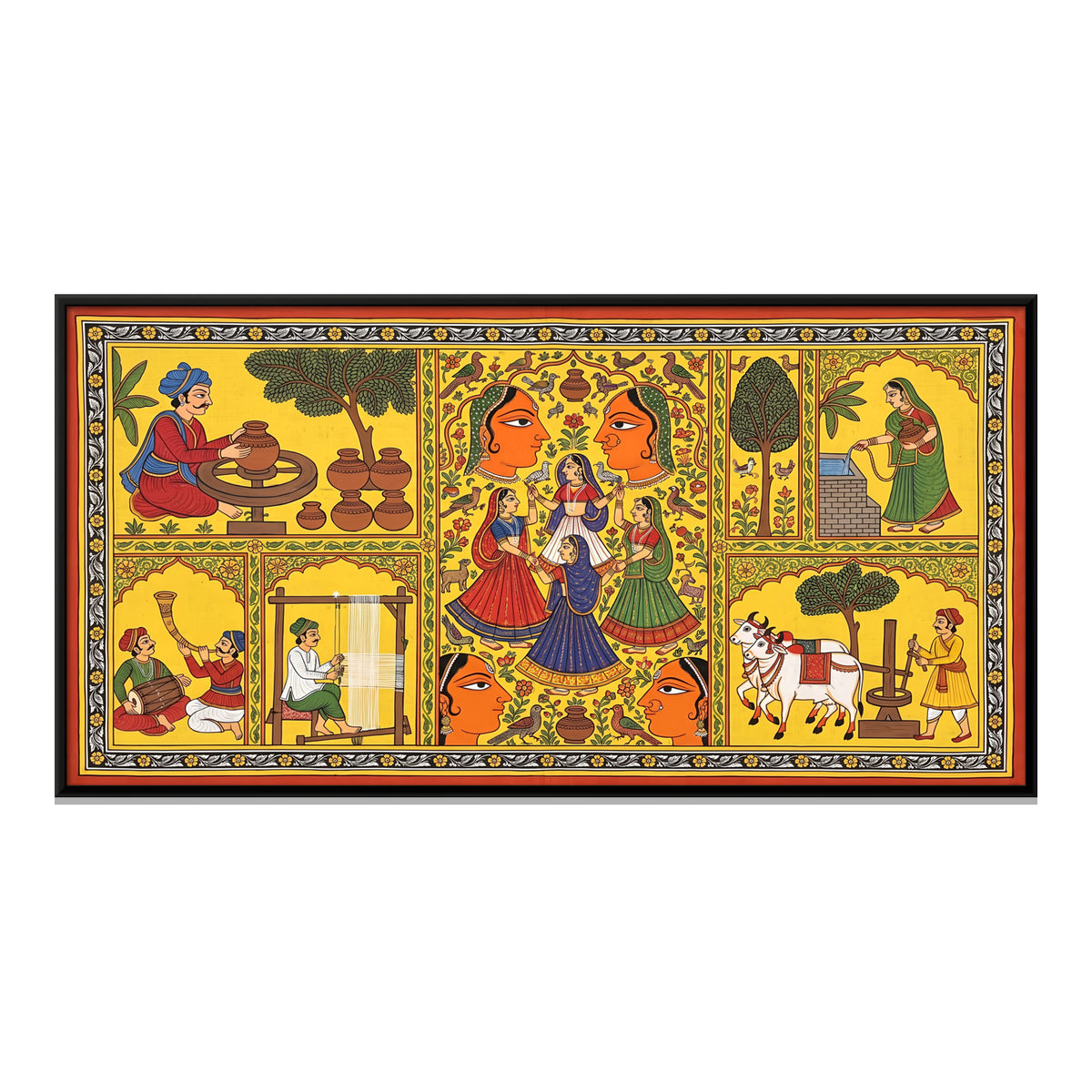 Scenes of Village Life - framed canvas print, front view