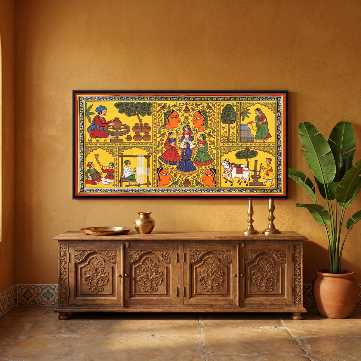 Scenes of Village Life - canvas art shown in a styled room