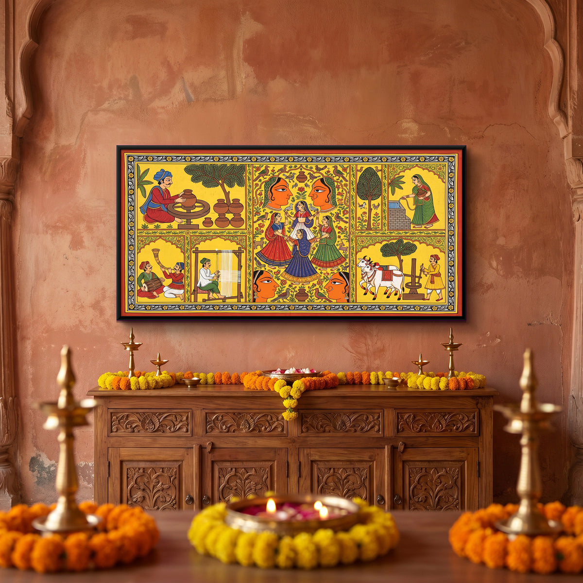 Scenes of Village Life - canvas art shown in a second room setting