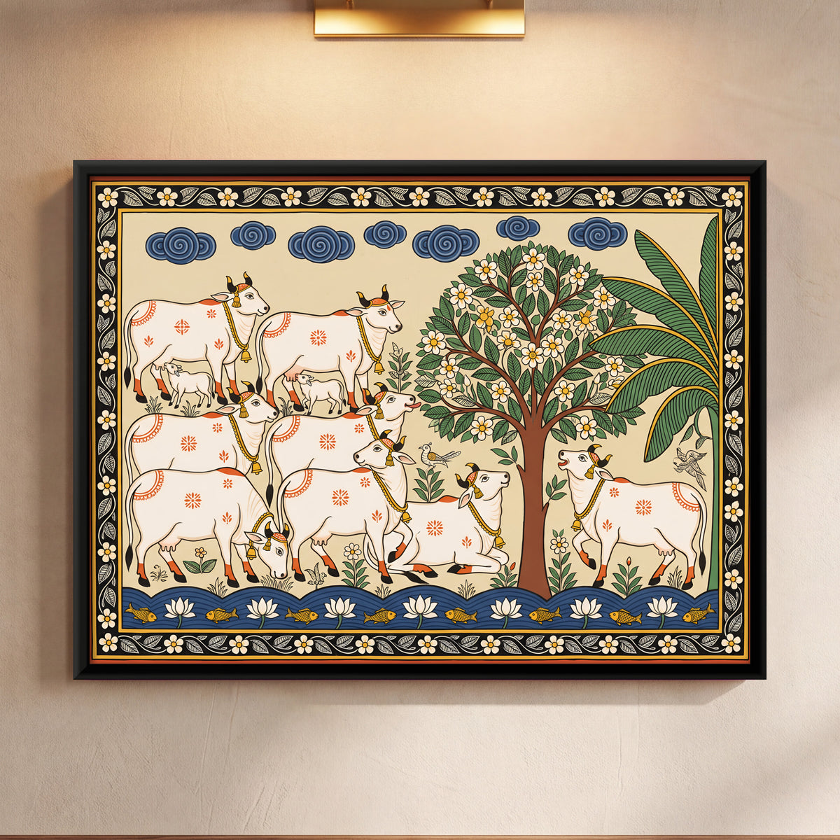 Cow Herd by a Flowering Tree - framed canvas art hung on a wall