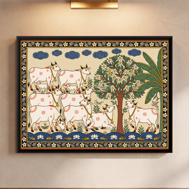 Cow Herd by a Flowering Tree - framed canvas art hung on a wall