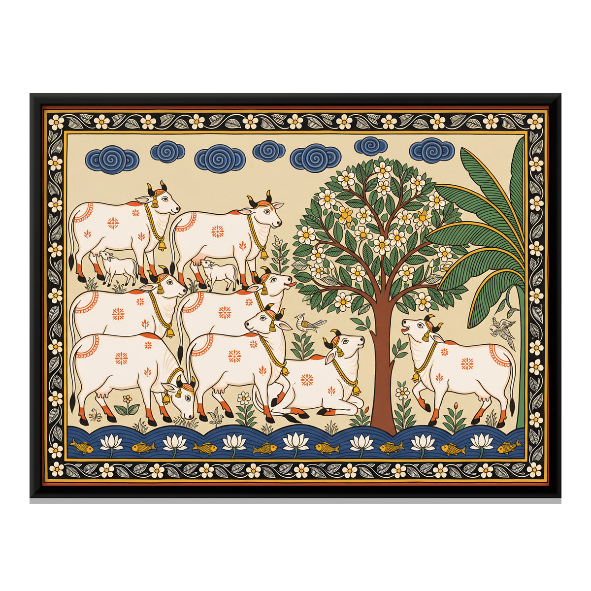 Cow Herd by a Flowering Tree - framed canvas print, front view