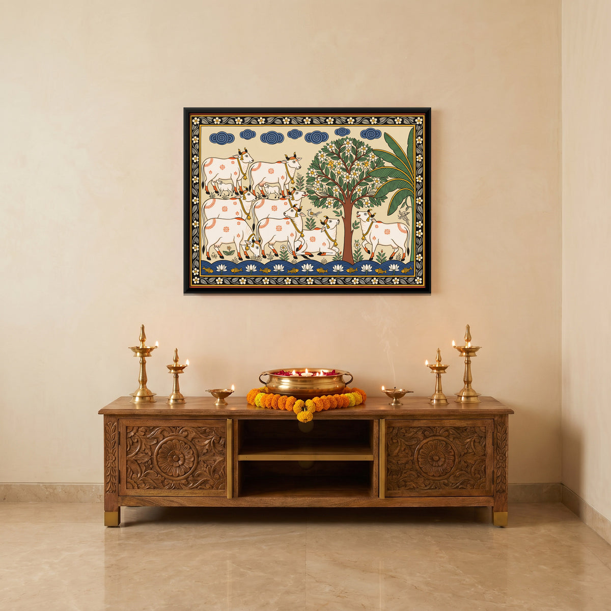 Cow Herd by a Flowering Tree - canvas art shown in a styled room