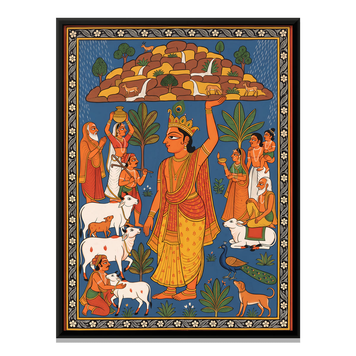 Krishna Lifting Mount Govardhan - framed canvas print, front view