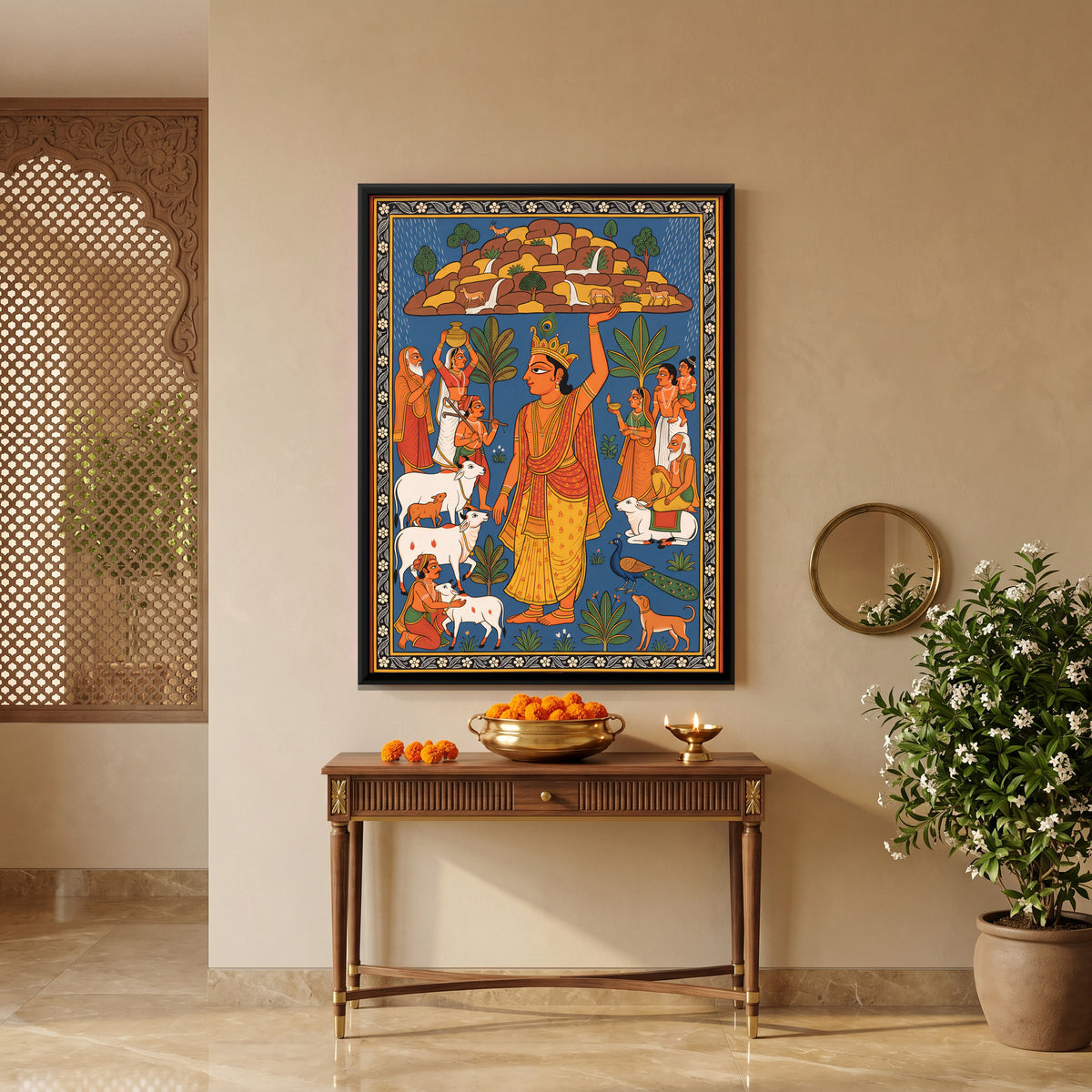 Krishna Lifting Mount Govardhan - canvas art shown in a second room setting