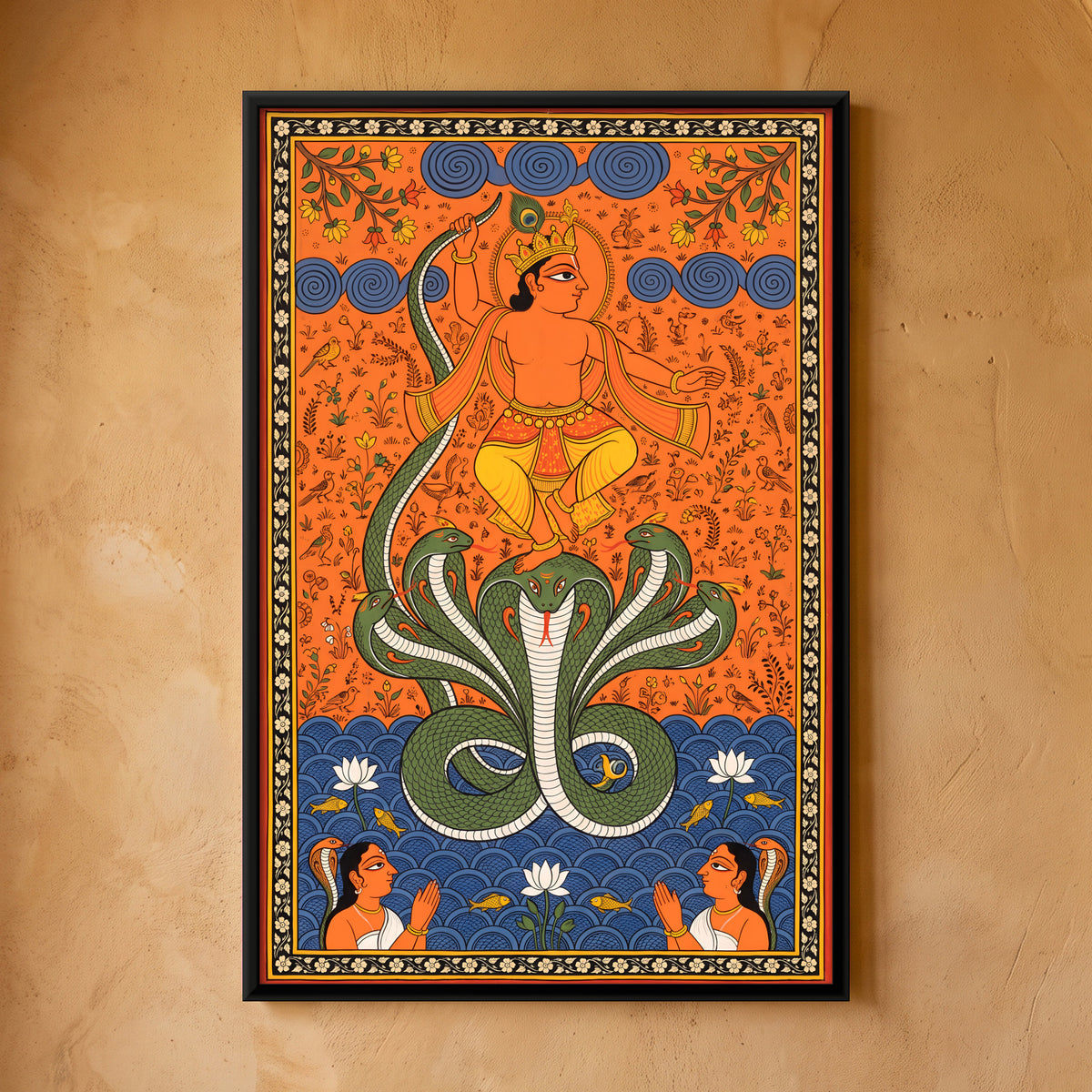 Krishna Dancing on Kaliya - framed canvas art hung on a wall