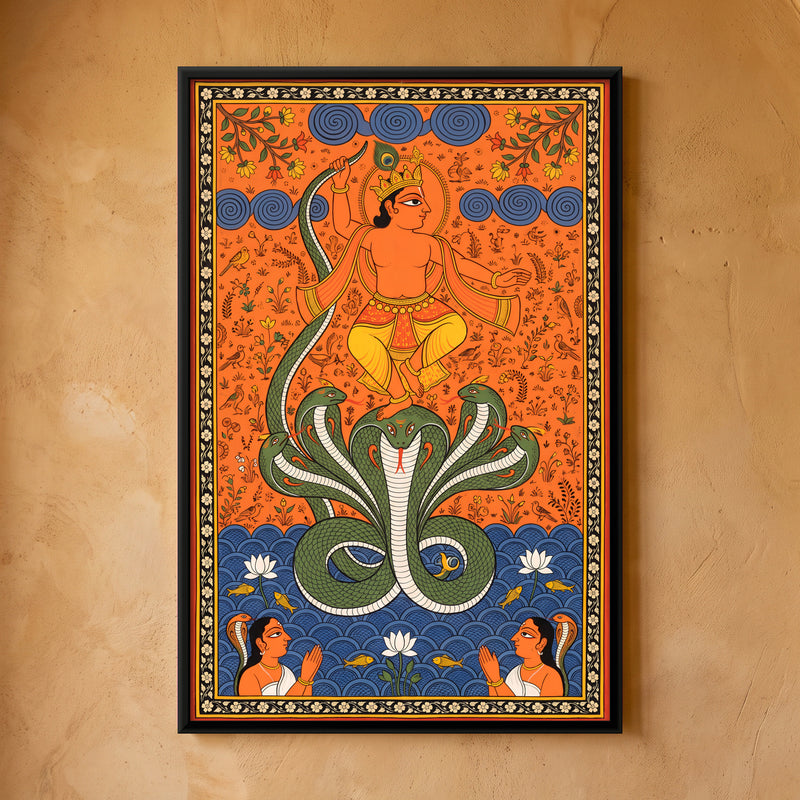 Krishna Dancing on Kaliya - framed canvas art hung on a wall