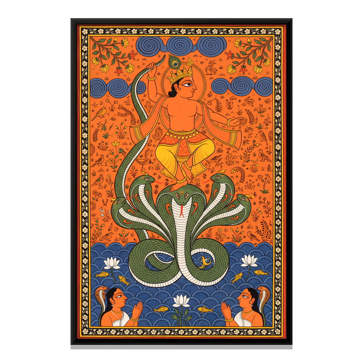 Krishna Dancing on Kaliya - framed canvas print, front view