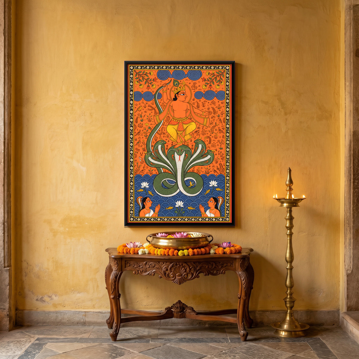 Krishna Dancing on Kaliya - canvas art shown in a styled room