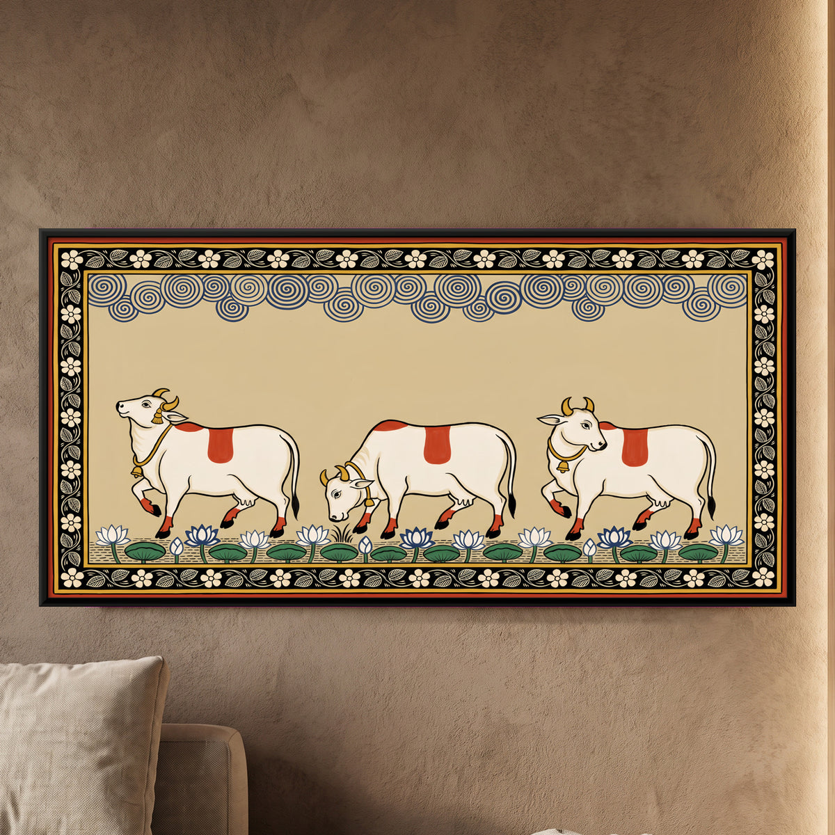 Three Cows in a Row - framed canvas art hung on a wall