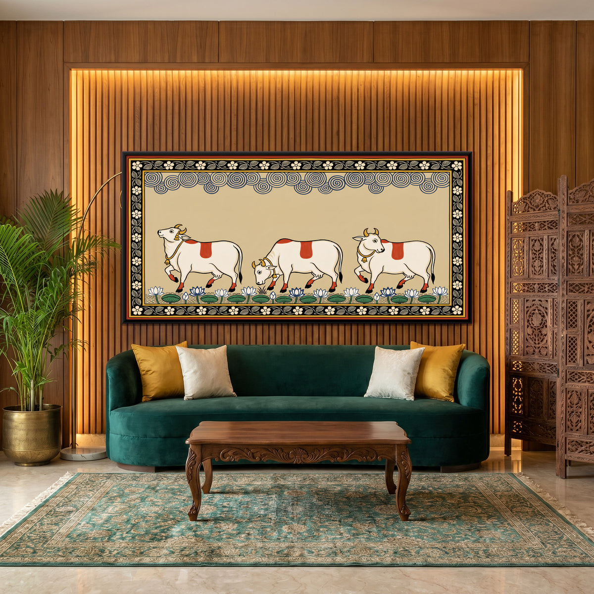 Three Cows in a Row - canvas art shown in a styled room