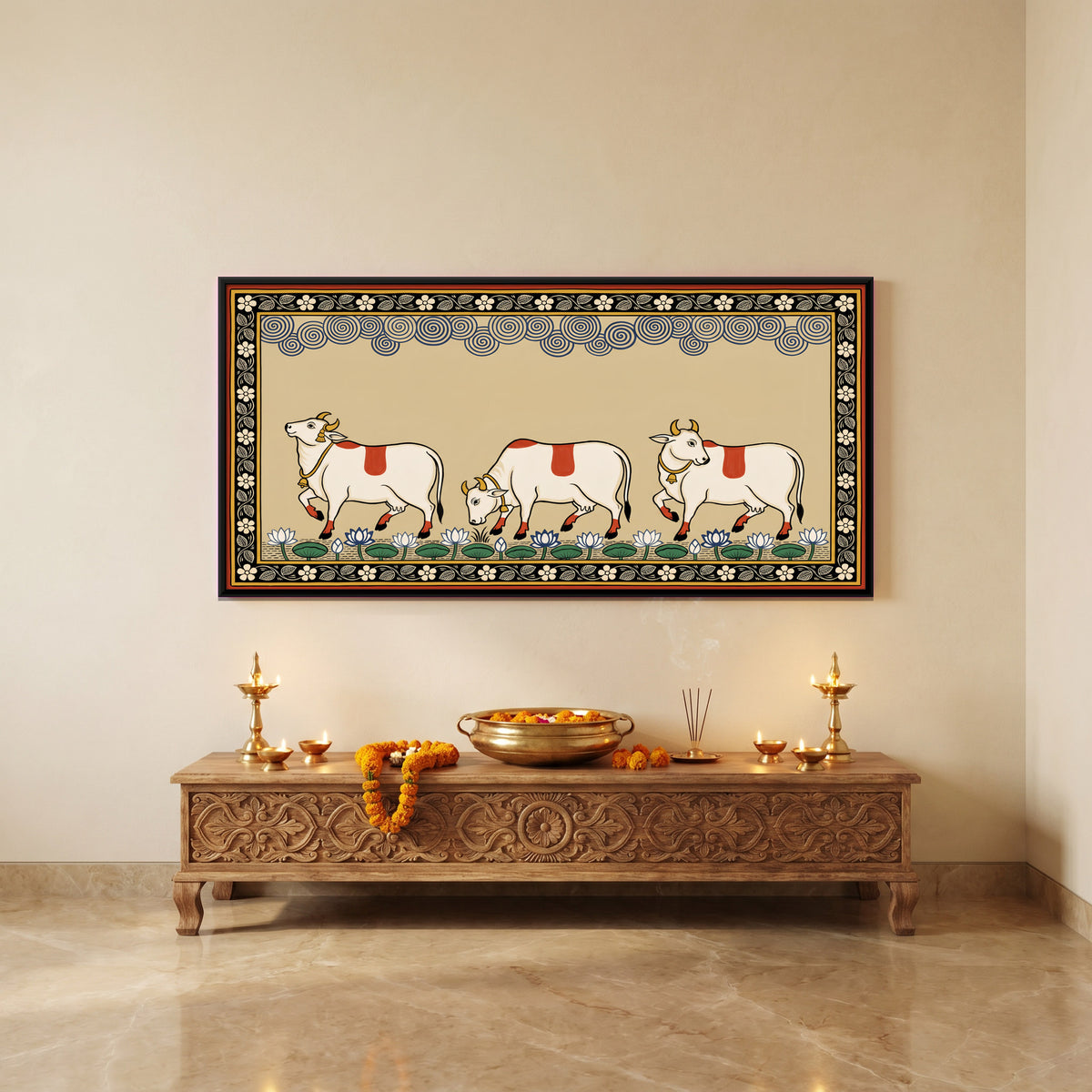 Three Cows in a Row - canvas art shown in a second room setting