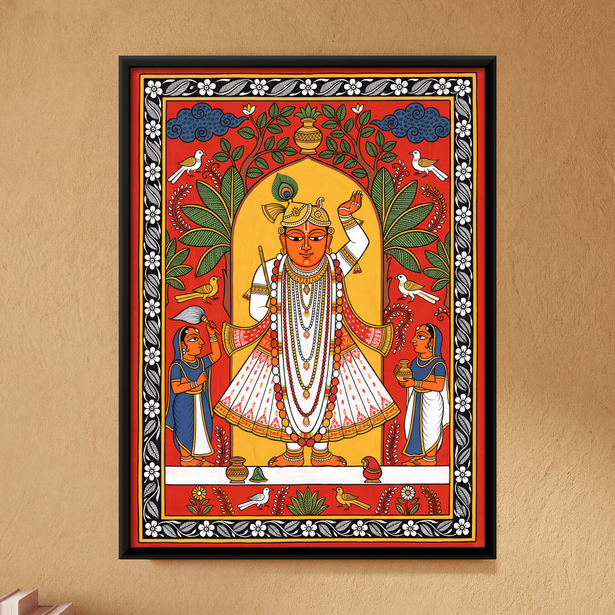 Shrinathji with Attendants - framed canvas art hung on a wall