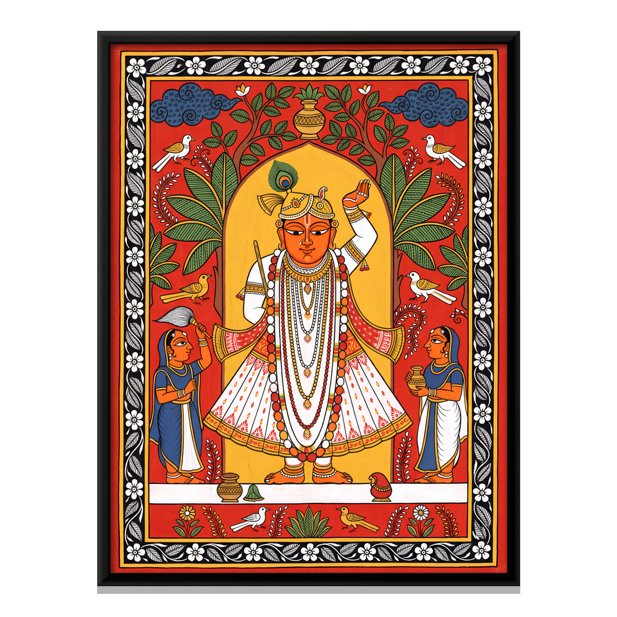 Shrinathji with Attendants - framed canvas print, front view