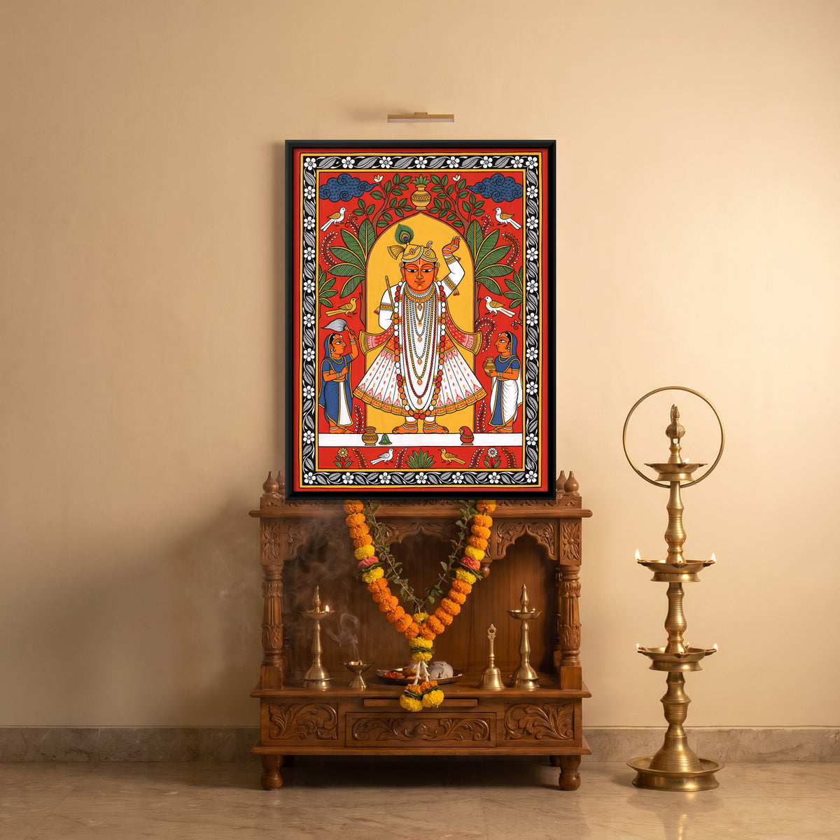 Shrinathji with Attendants - canvas art shown in a styled room