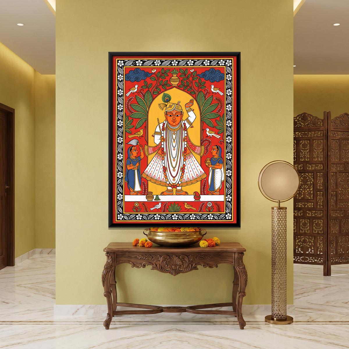 Shrinathji with Attendants - canvas art shown in a second room setting