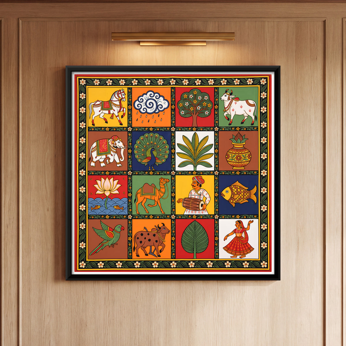 Sixteen Folk Motifs in Squares - framed canvas art hung on a wall