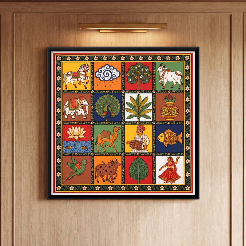 Sixteen Folk Motifs in Squares - framed canvas art hung on a wall