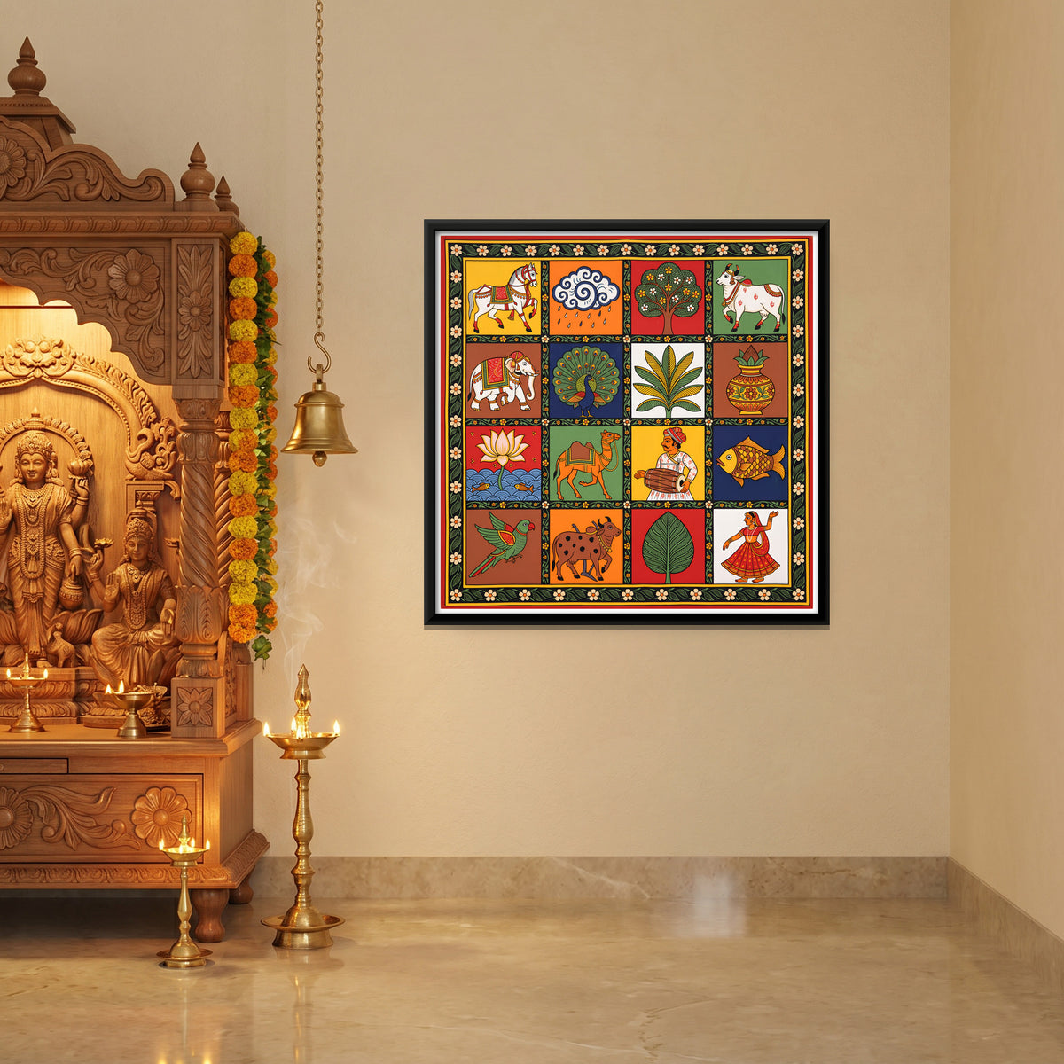 Sixteen Folk Motifs in Squares - canvas art shown in a styled room