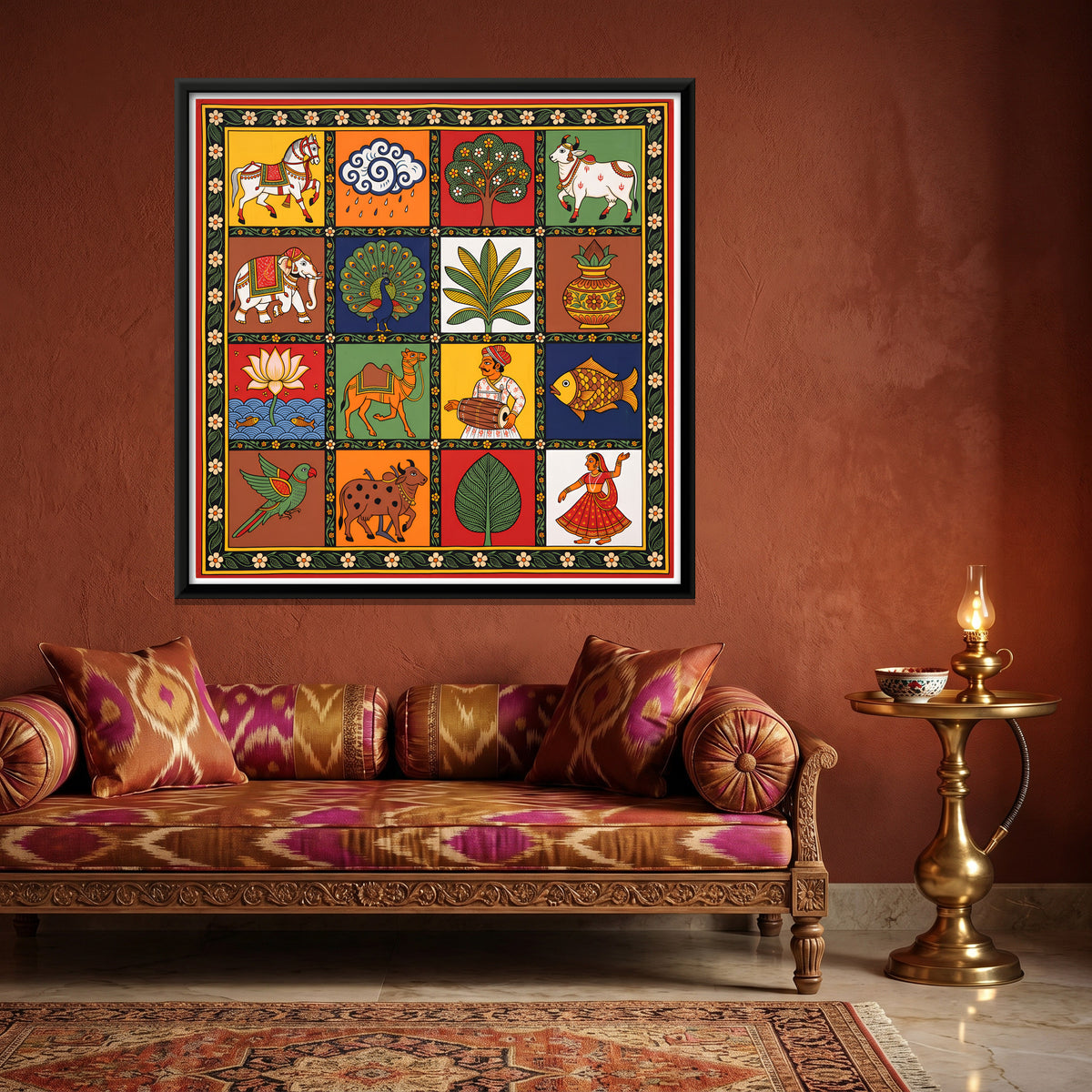 Sixteen Folk Motifs in Squares - canvas art shown in a second room setting