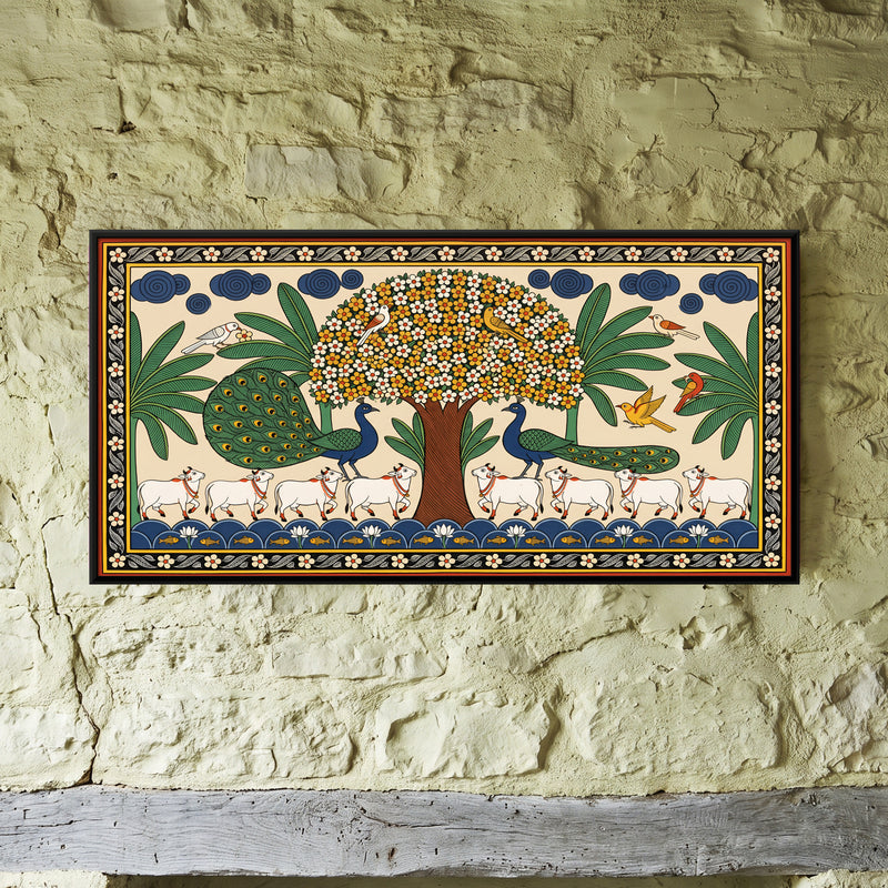 Cows and Peacocks Beneath a Flowering Tree - framed canvas art hung on a wall